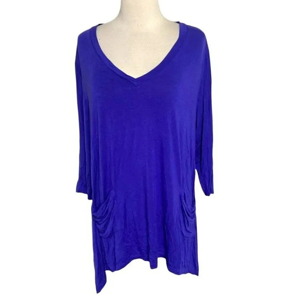 LOGO Lori Goldstein 1X blue asymmetrical 3/4 sleeve tunic with front pockets - Picture 1 of 7
